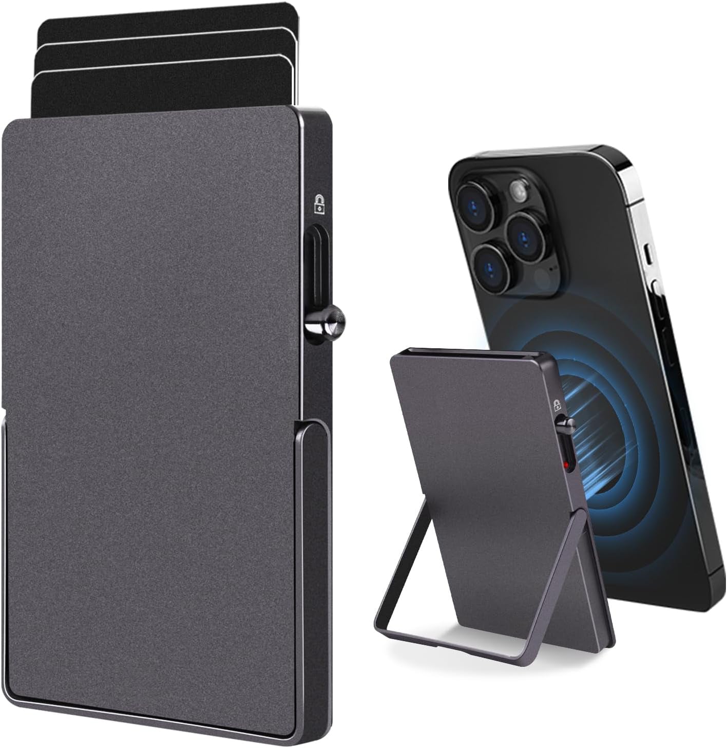 RFID Blocking Wallet Minimalist Slim Card Holder for Magsafe with Adjustable Stand, Metal Pop Up Magnetic Wallet for Men TOYFID